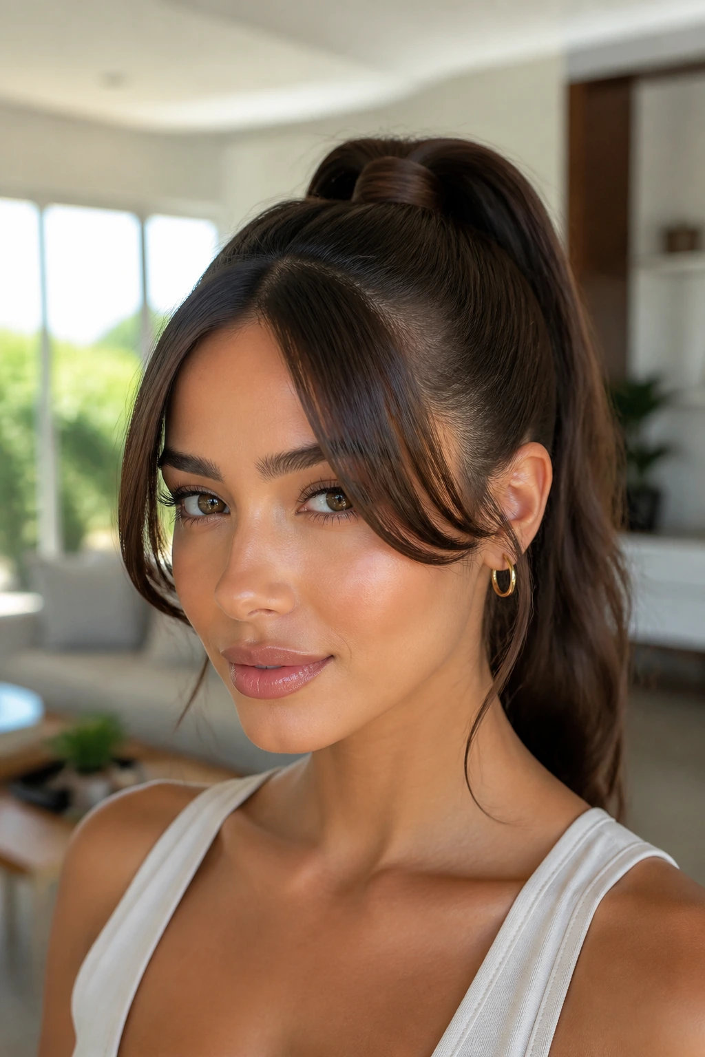 Close-up of a woman with curtain-bang high ponytail in bright living room