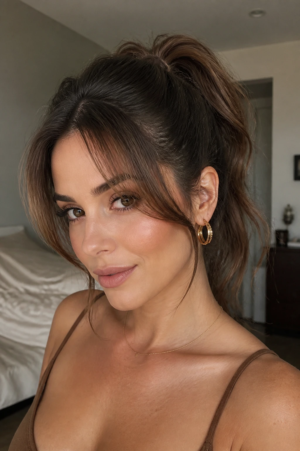 Close-up of a real woman with curtain-bang ponytail and soft bangs