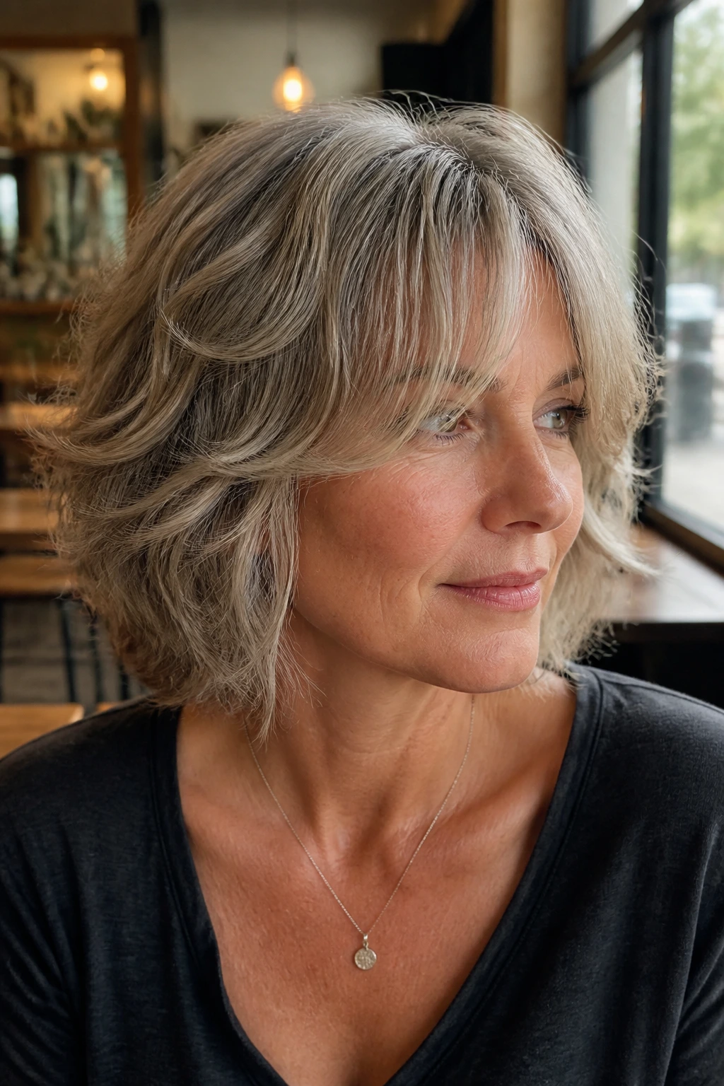 Close-up portrait of a real person with curtain bangs and shag bob in cafe light