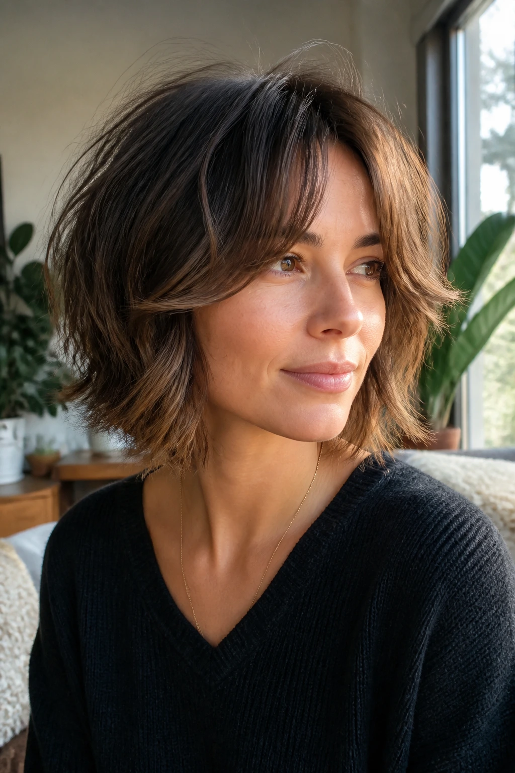 Portrait of a real person with curtain-bang shag bob.