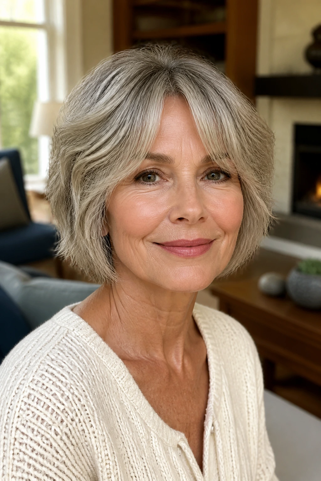 Close-up portrait of an older woman with curtain-bang short shag bob