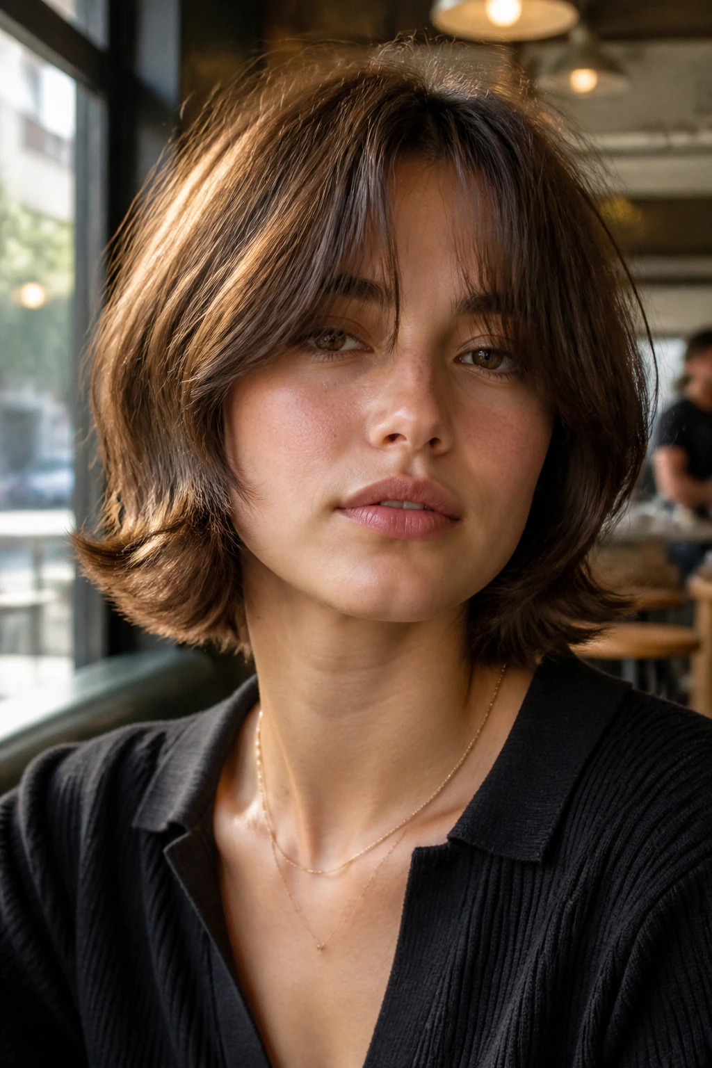 Portrait of a person with curtain bangs and chin-length shag.