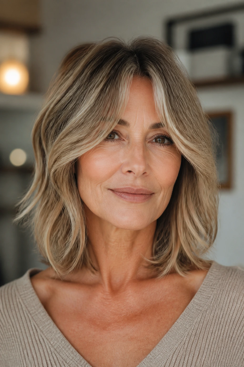 Close-up of a real woman with curtain-bang collarbone shag
