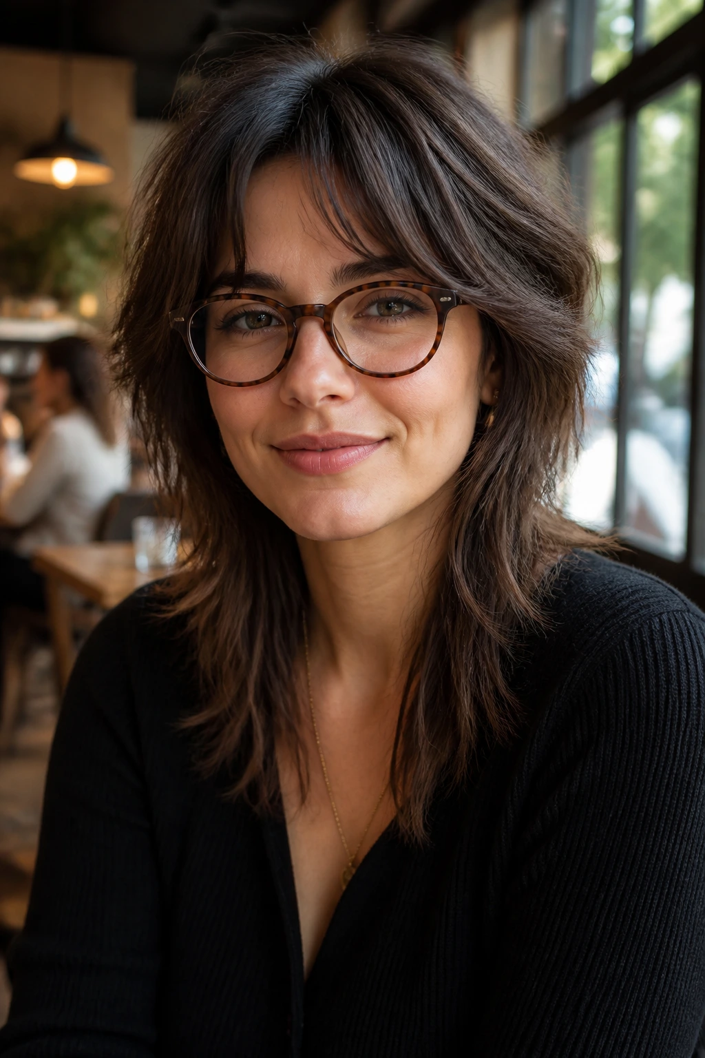Real woman with curtain-bang shag that splits at frames wearing glasses