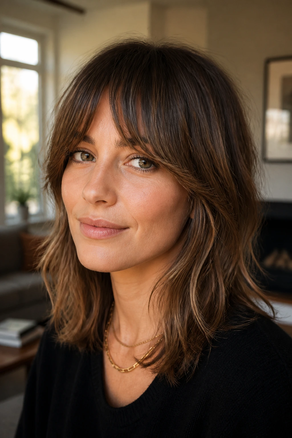 Close-up of a real woman with eyebrow-skimming curtain bangs in a soft connected shag