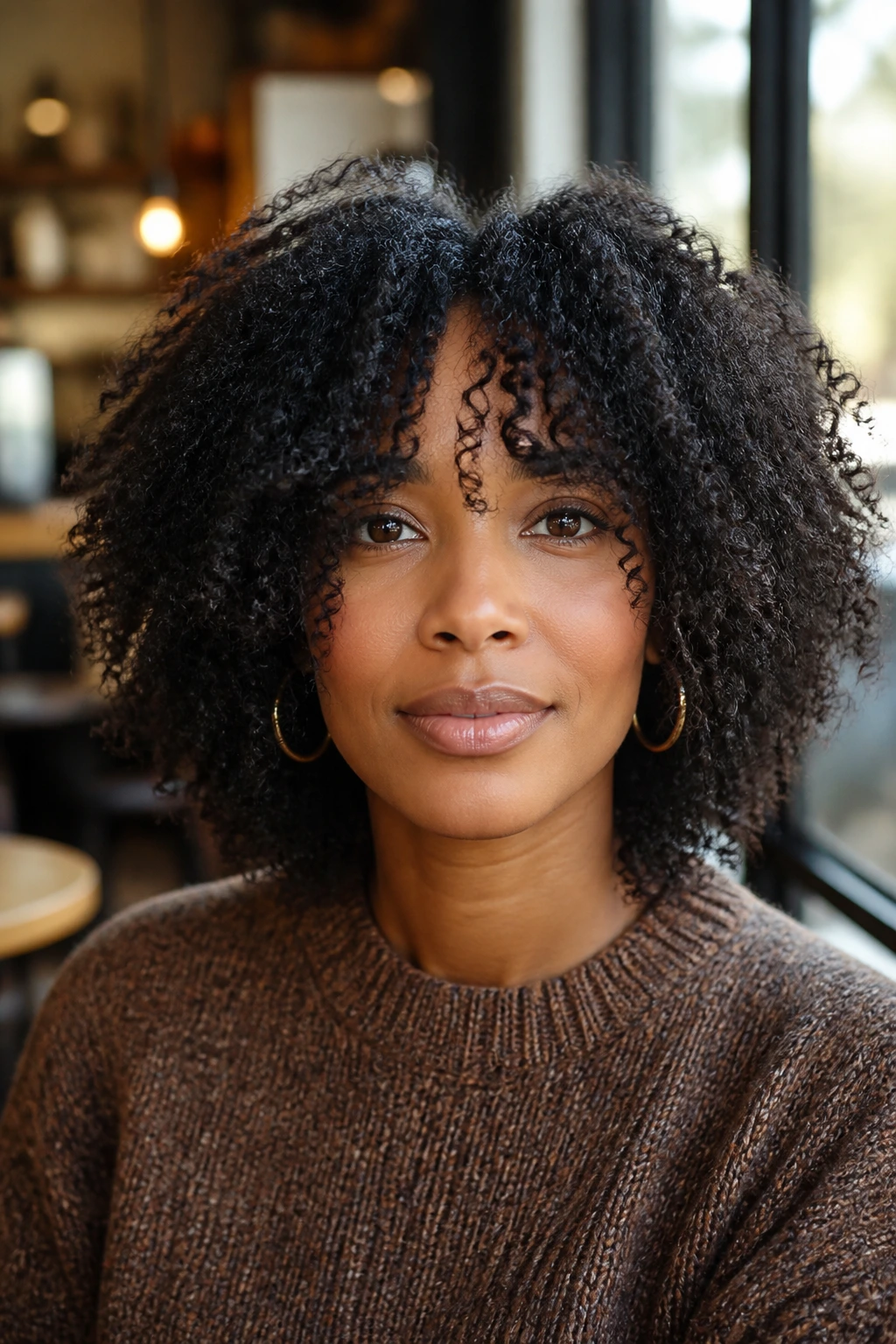 Portrait of a real woman with Curtain-Bang Shag curtain bangs framing the face