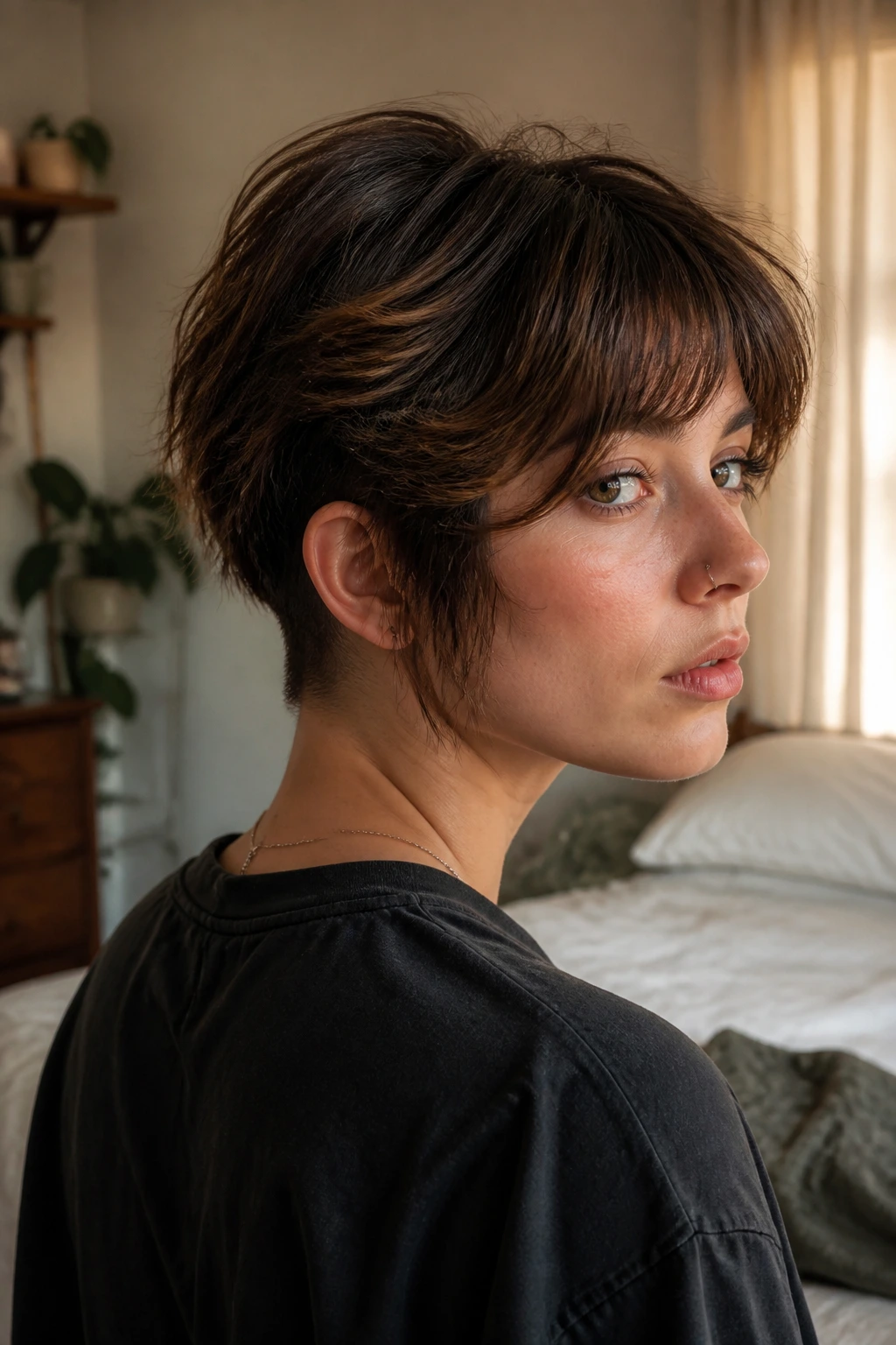 Portrait with curtain bangs and nape shave in shag hairstyle