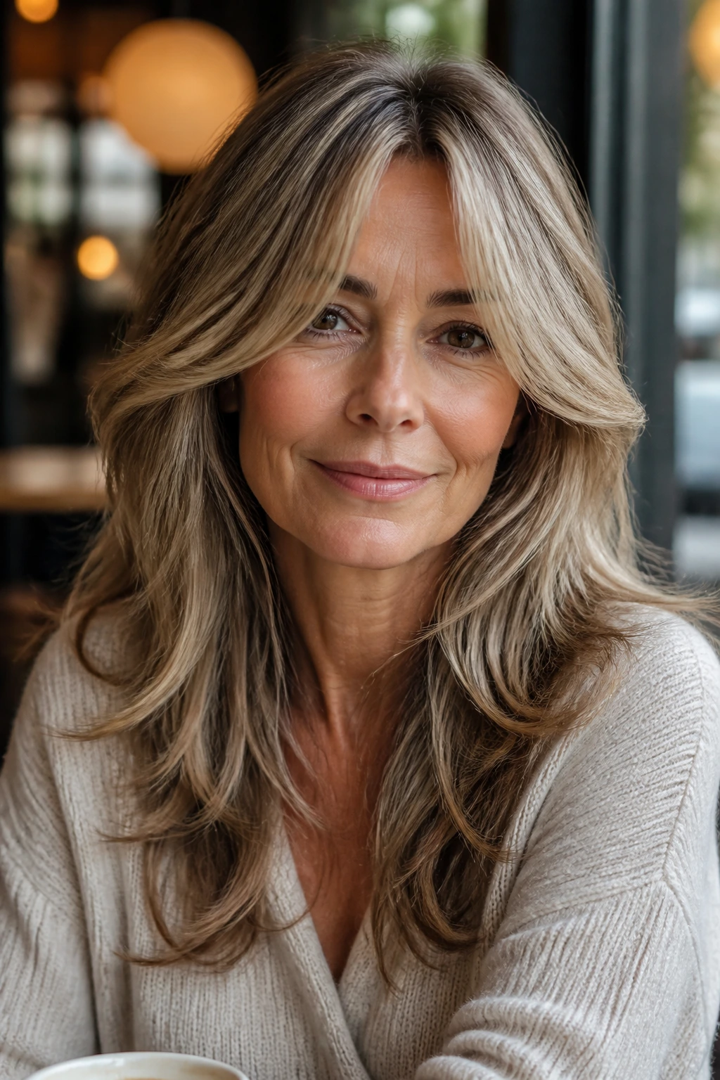 Portrait of a real woman with curtain bangs and long layers by a cafe window.
