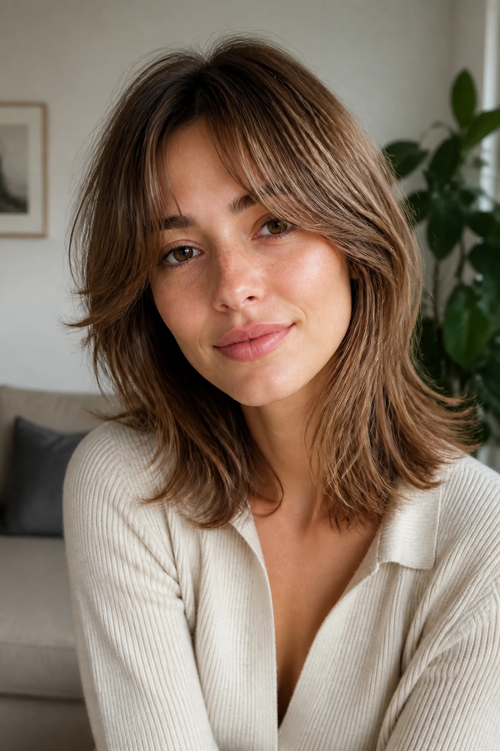 Portrait of a real person with curtain bangs and a relaxed shoulder-length shag