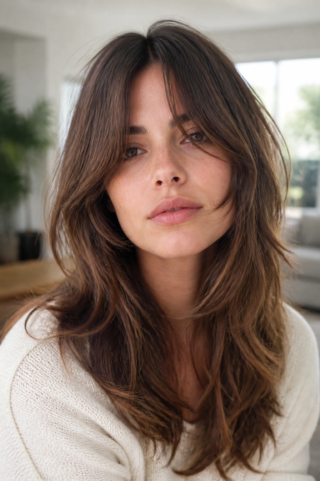 Close-up portrait of a real person with curtain-bang shag