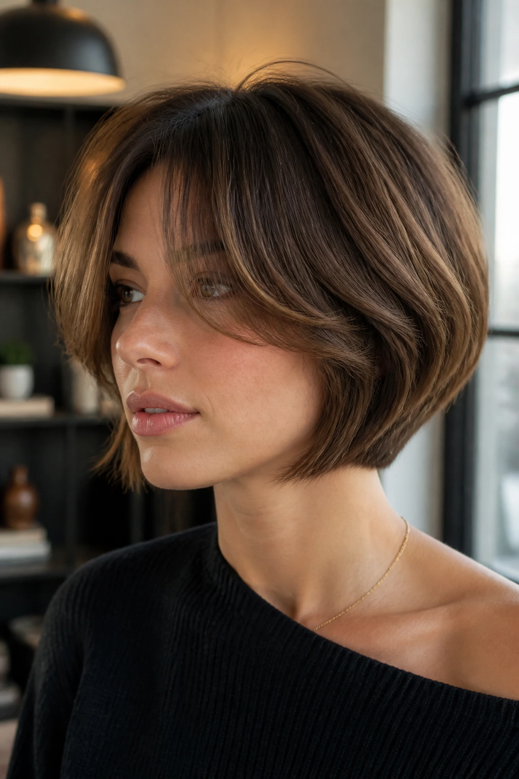 Close-up of a real woman with curtain bangs and stacked bob