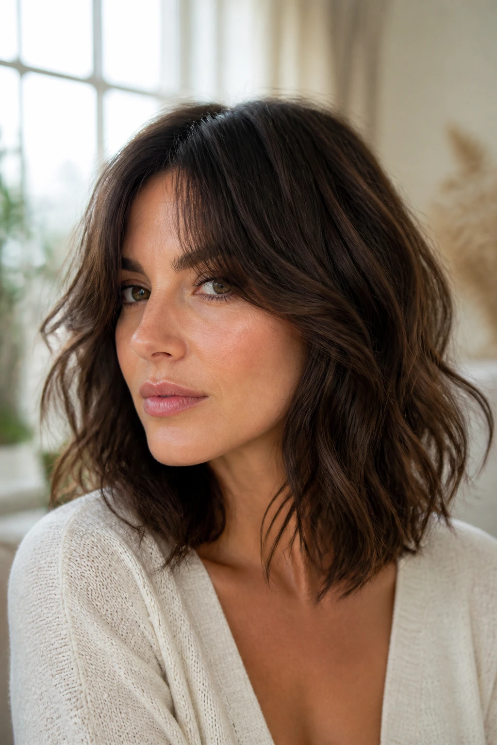 Close-up of a real woman with curtain bangs blending into shoulder-length waves