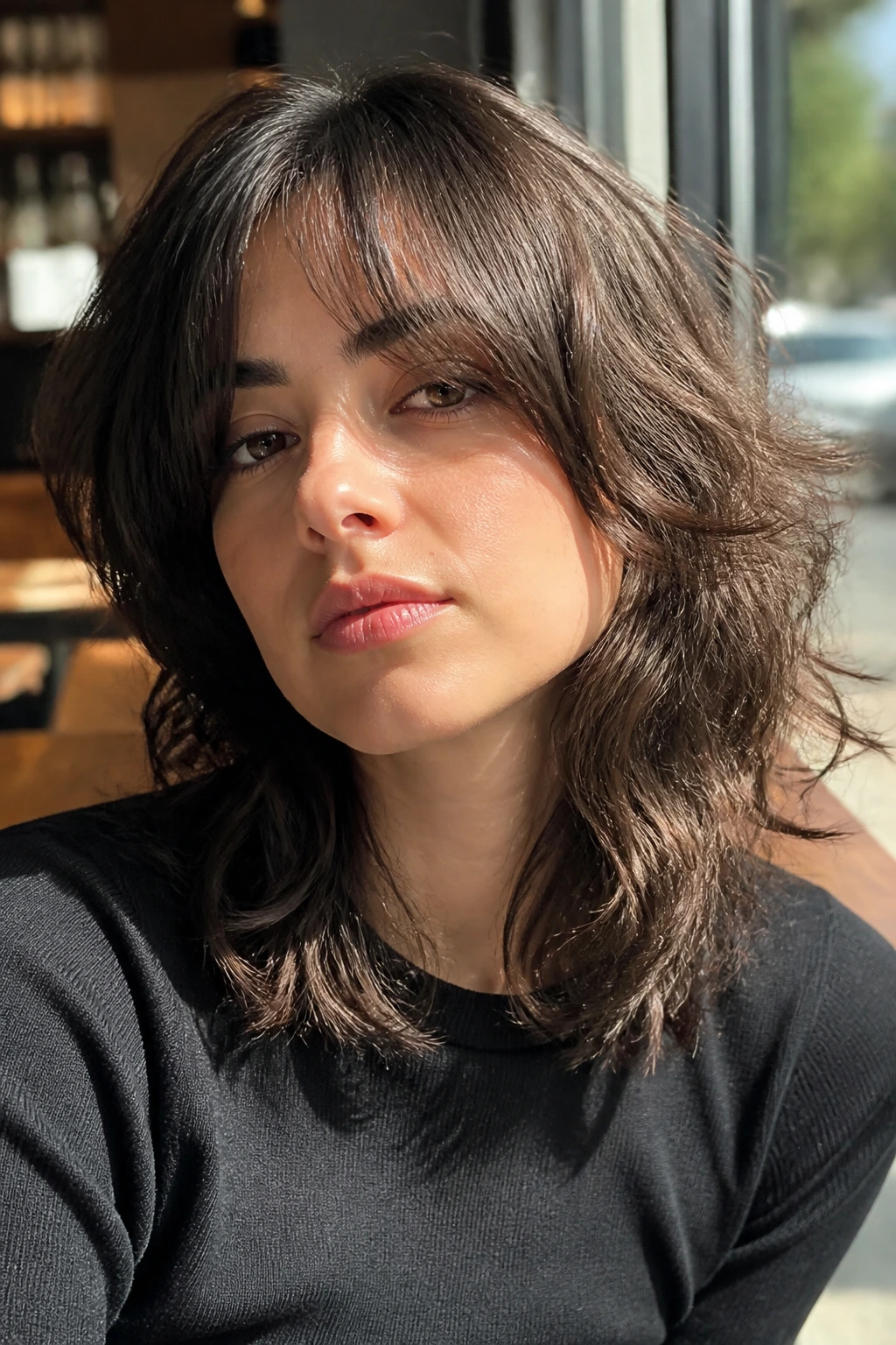 Close-up portrait of a real person with curtain bang wolf cut and face framing pieces