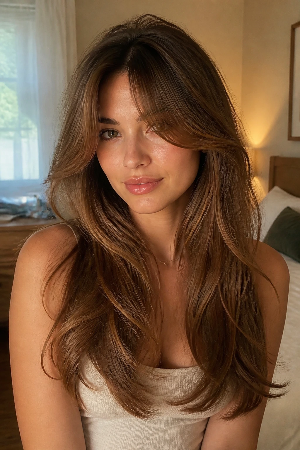 Close-up portrait of a real woman with curtain bangs and a soft 60s volume, long hair