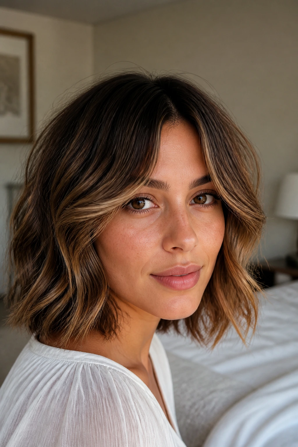 Close-up portrait of a real woman with curtain bangs and a soft wavy bob in warm window light