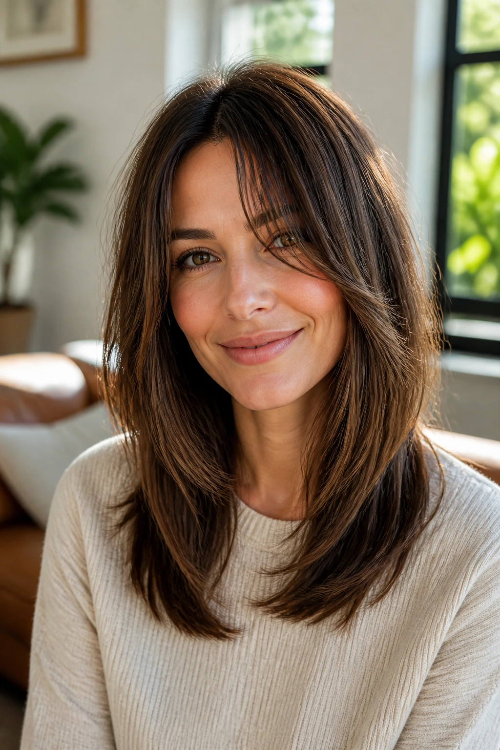 Portrait of a woman with curtain bangs softening her face