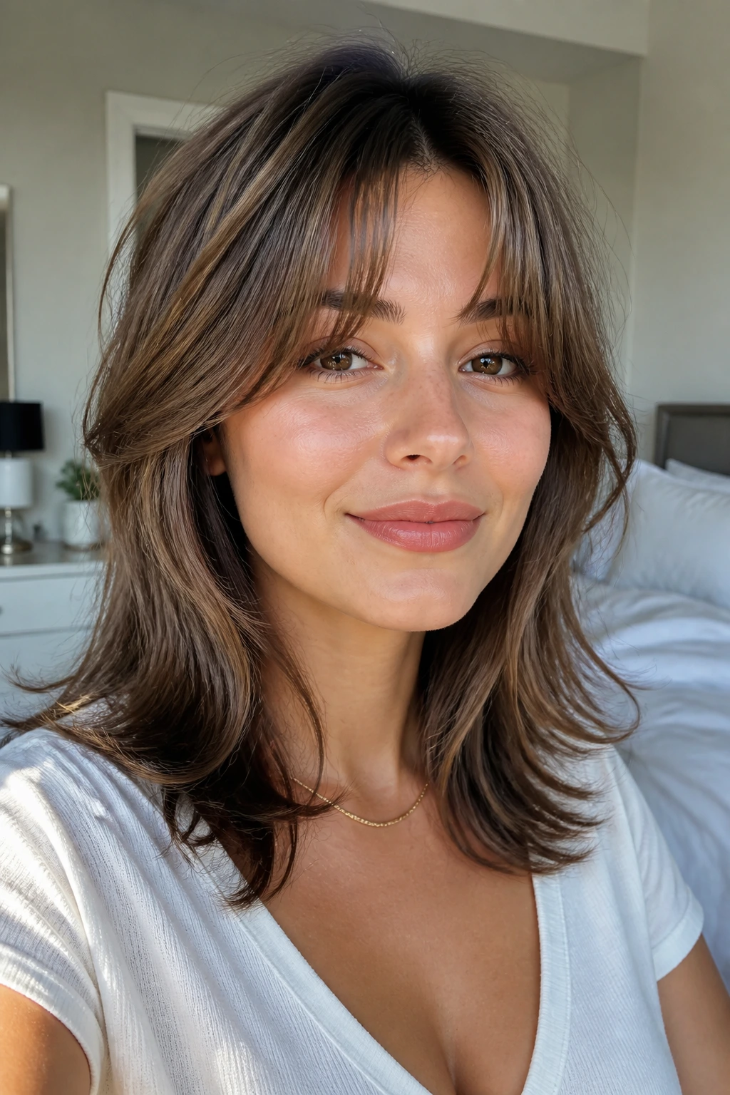 Close-up of a woman with curtain bangs and airy mid-length layers