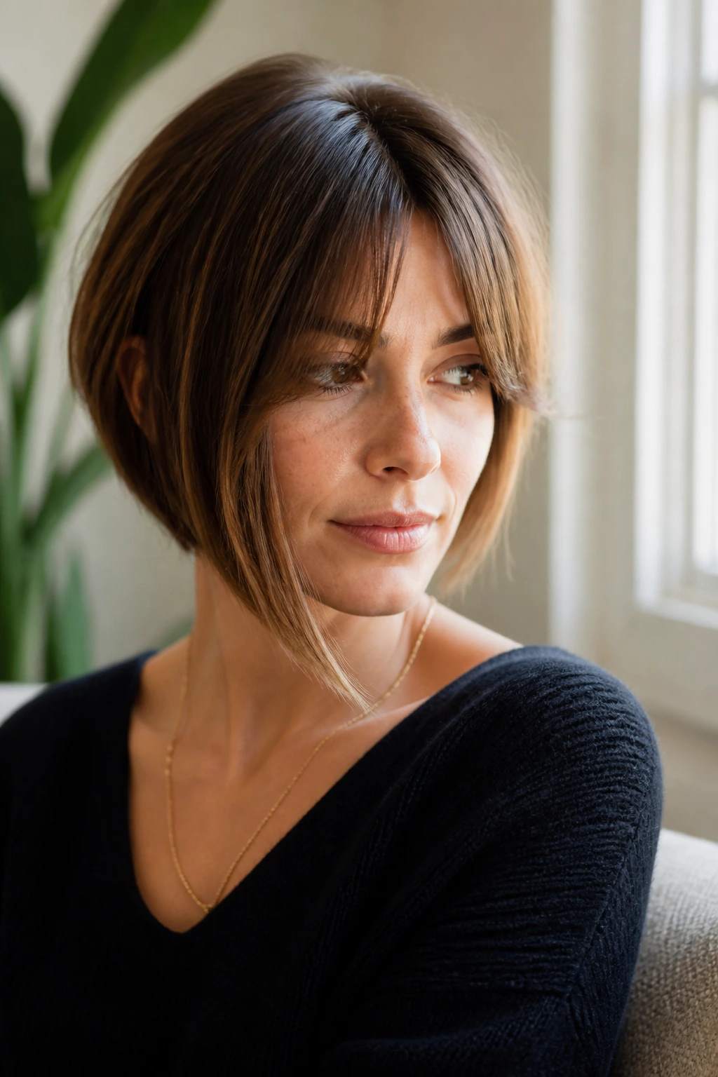 Real woman with curtain bangs and asymmetrical bob by a window