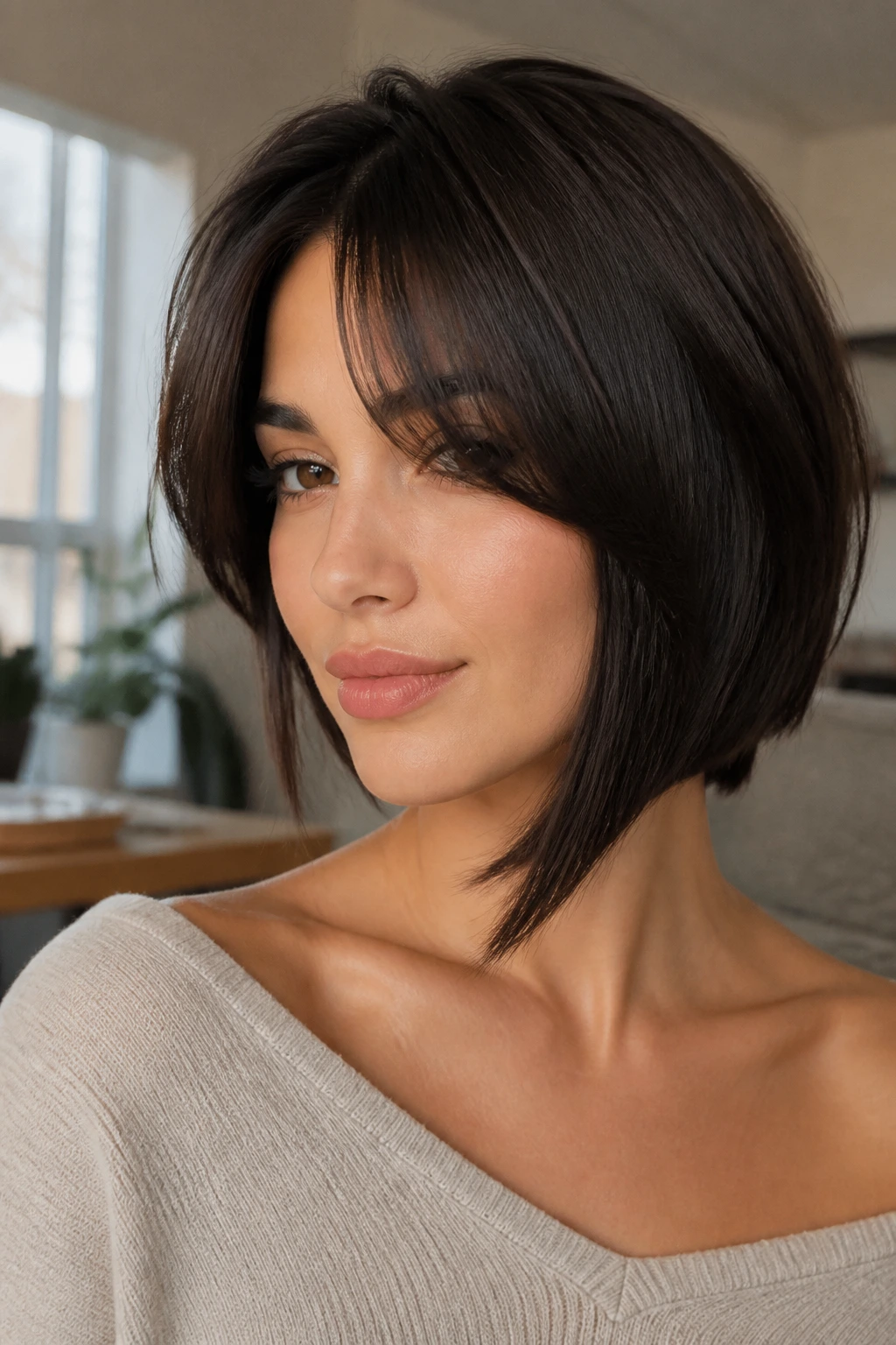 Portrait of a real person with curtain bangs and an asymmetrical bob in a cozy indoor setting.
