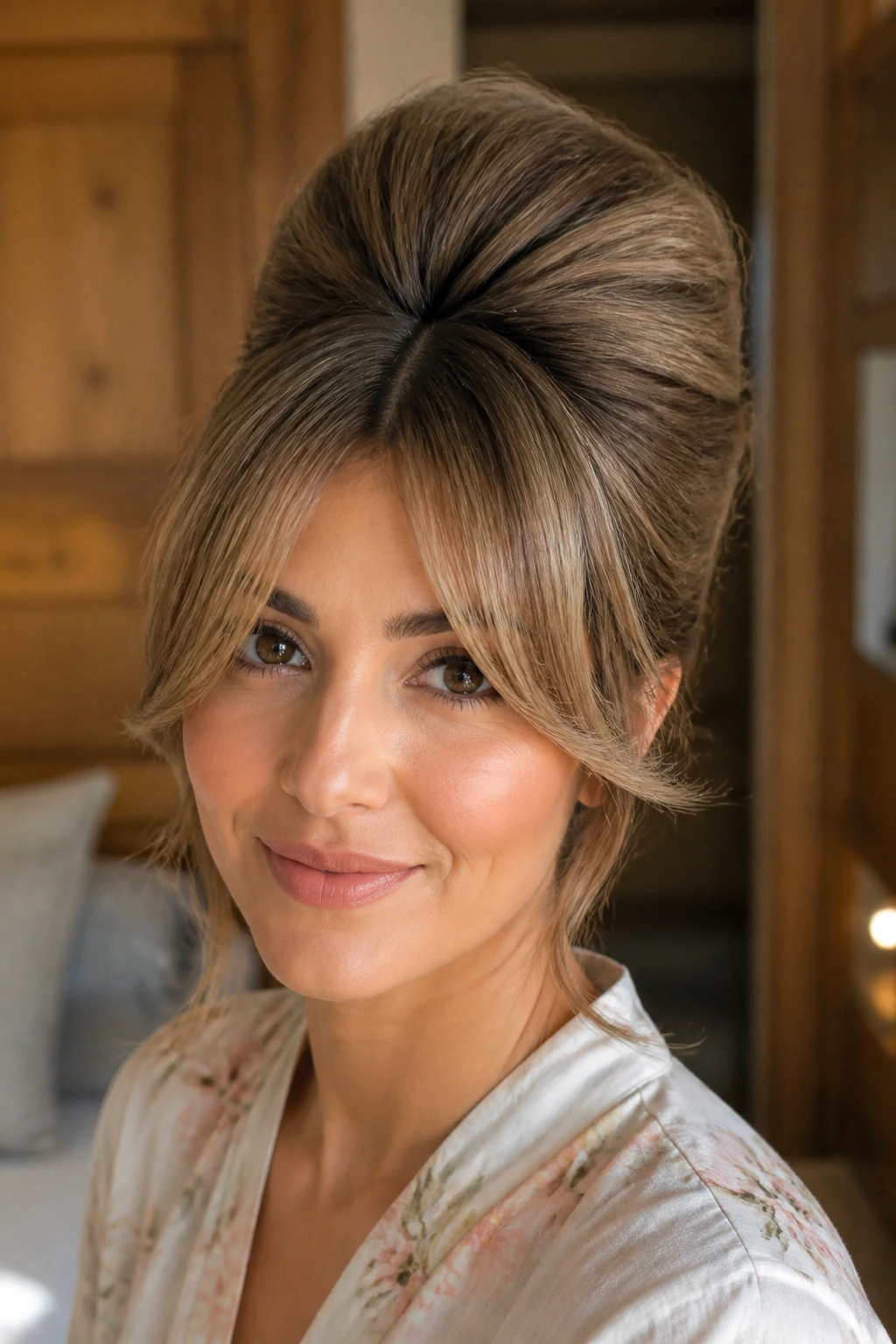 Close-up portrait of a real woman with curtain bangs and beehive