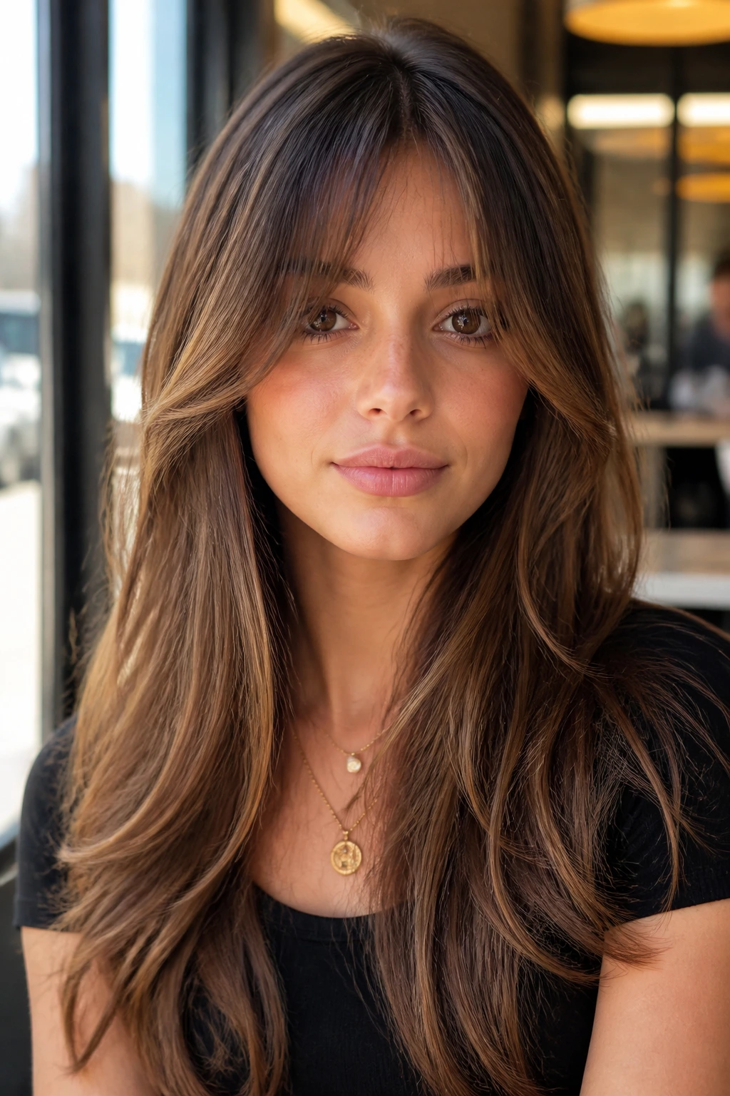 Close-up of a real woman with curtain bangs blending into long layers.
