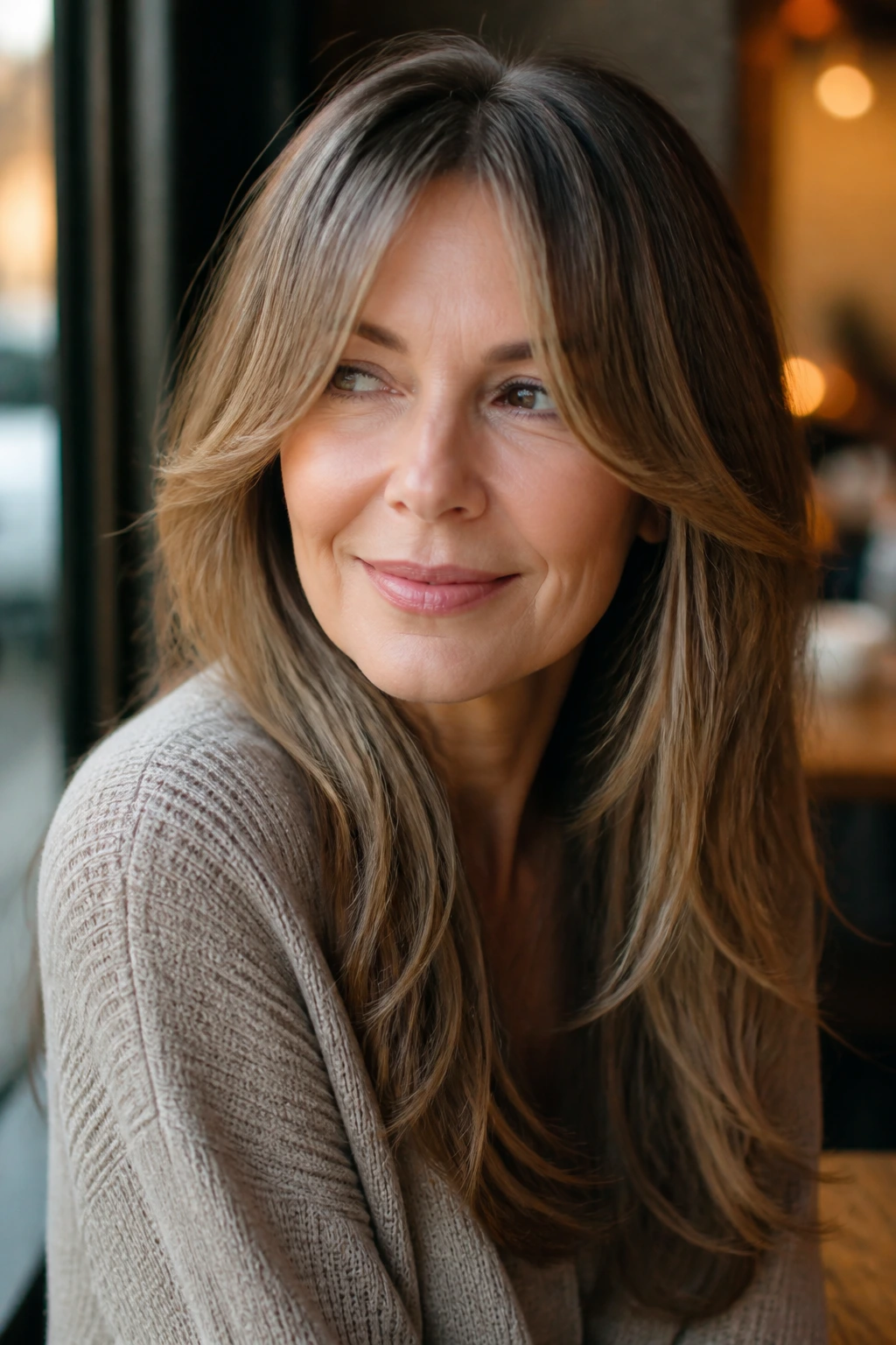 Portrait of a woman with curtain bangs blending into long length at a cafe window