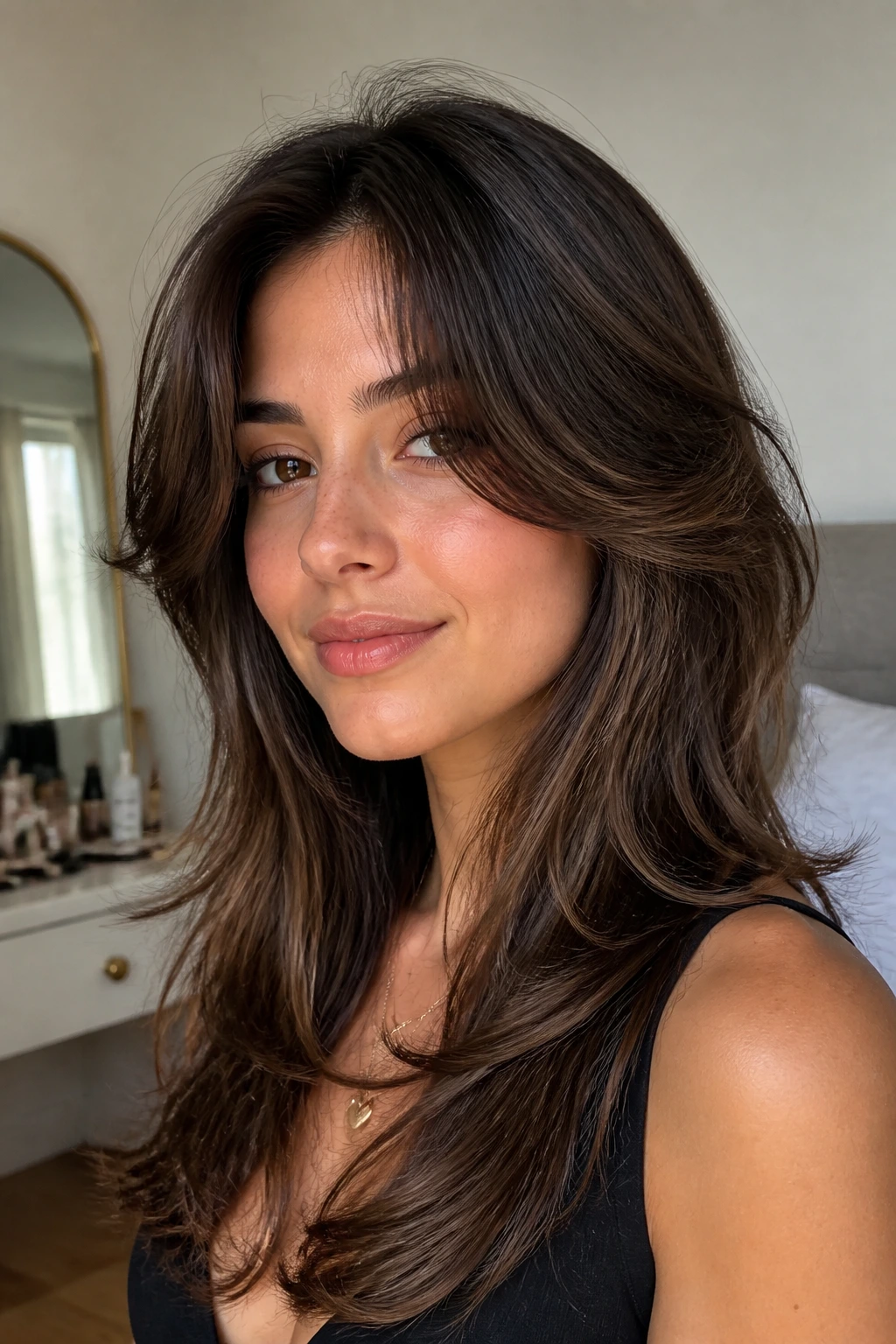 Close-up of a real woman with curtain bangs and glossy blowout, window-lit portrait.