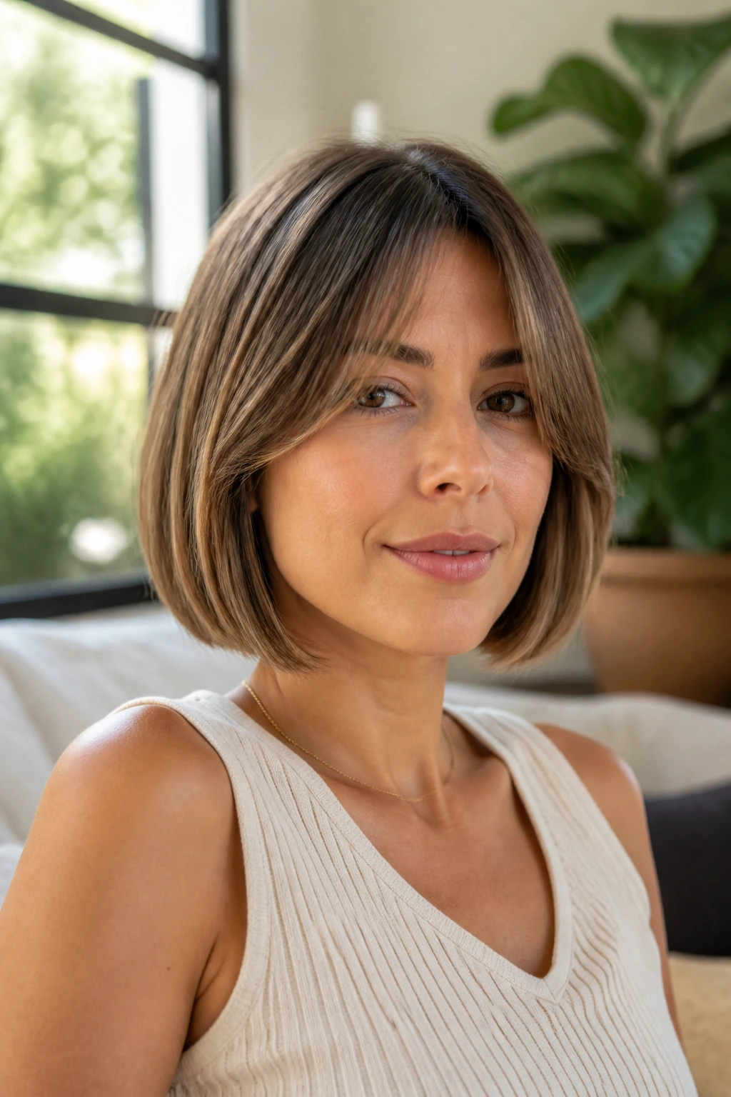 Close-up of a woman with a blunt bob and curtain bangs in a sunlit room.