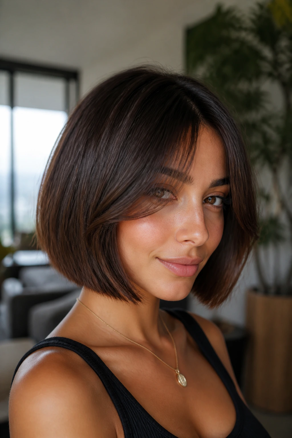 Real woman with curtain bangs and blunt bob, soft face-framing fringe