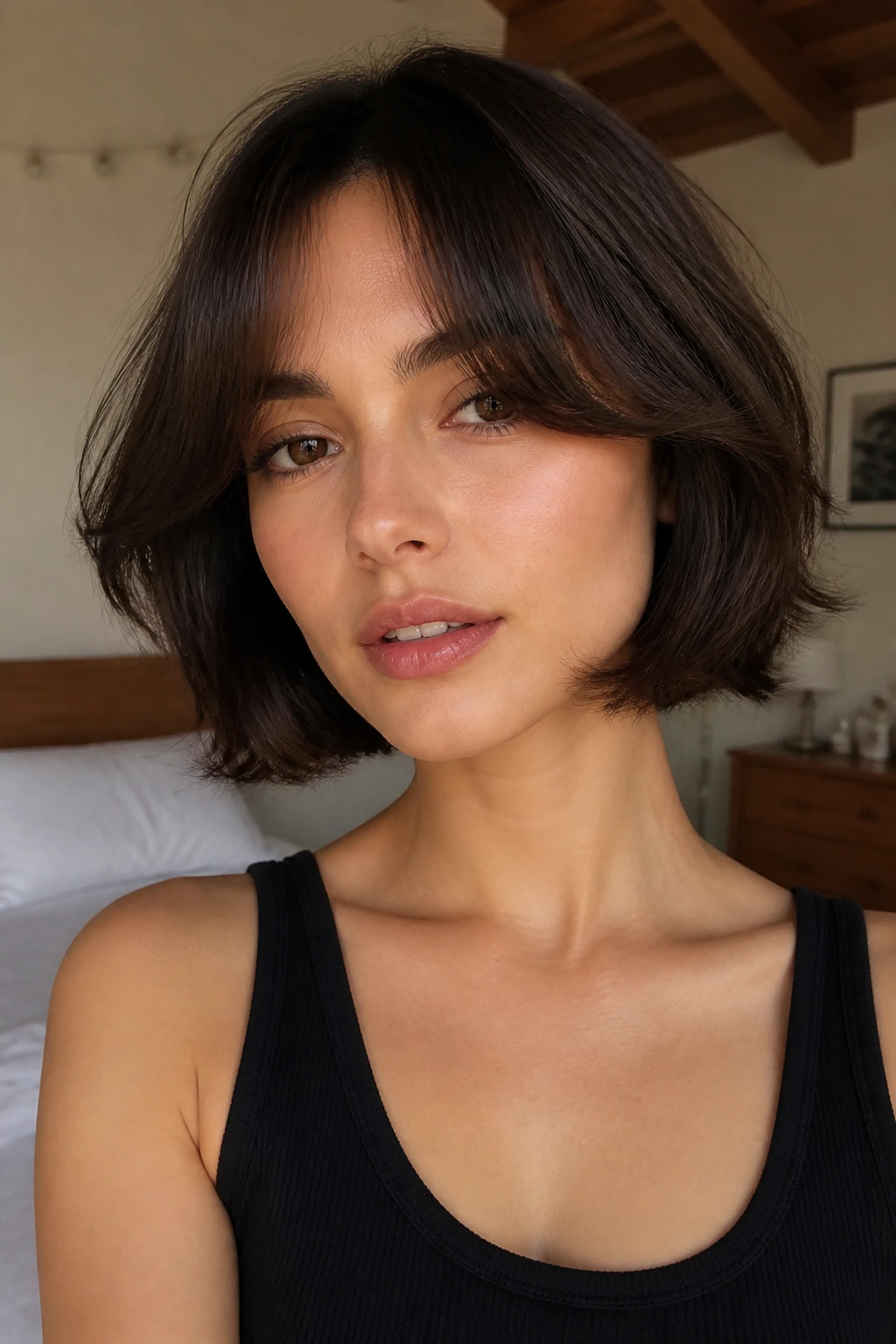 Close-up portrait of a real woman with curtain bang bob in warm window light