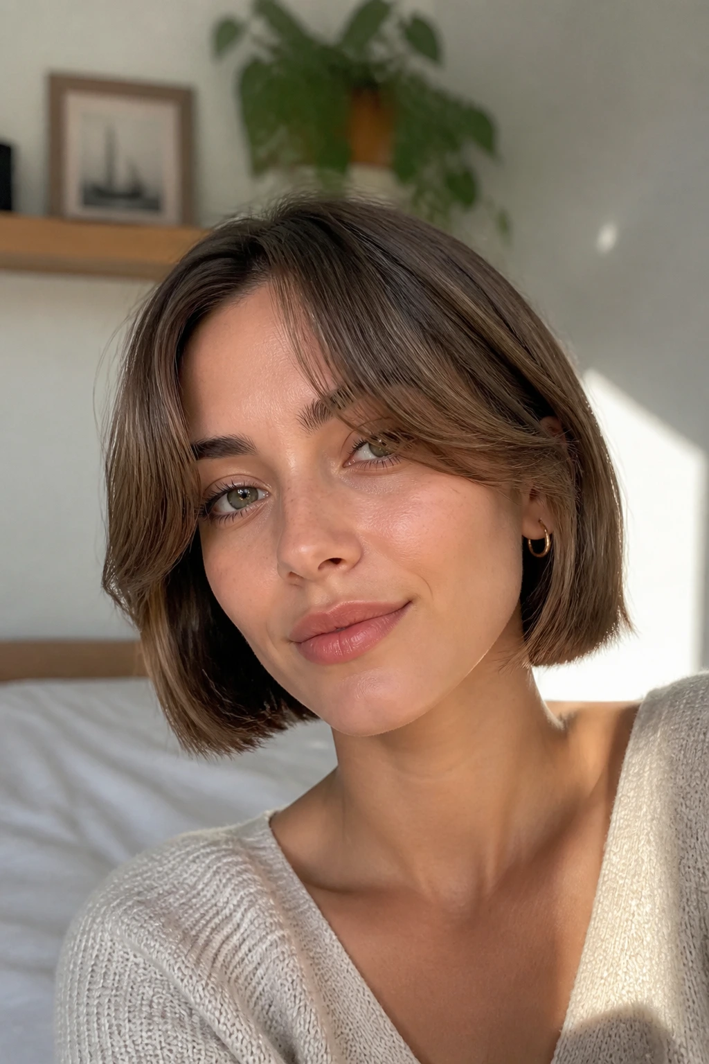 Close-up portrait of a woman with curtain bangs and a bob.