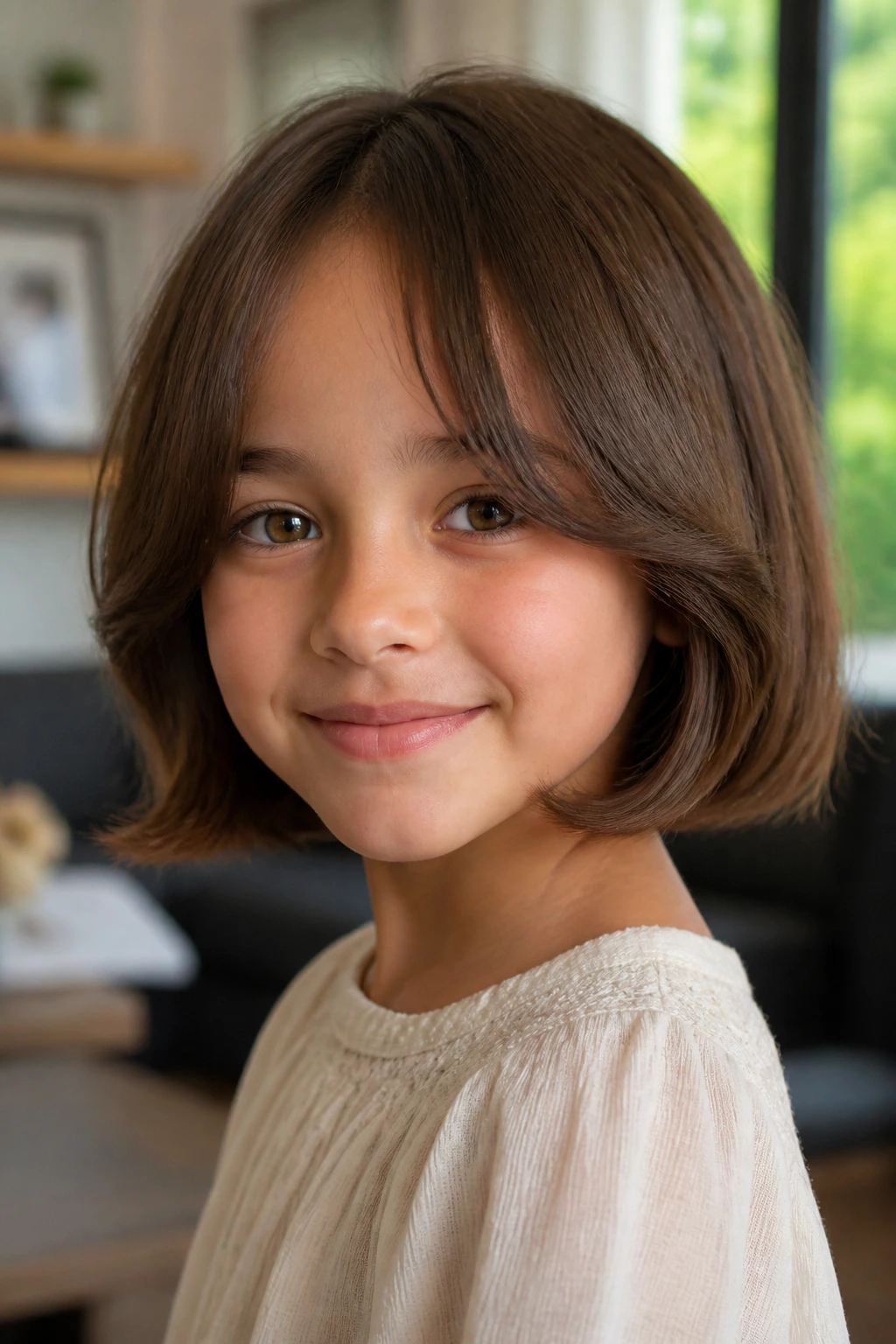 Close-up of a real child with curtain bangs bob in soft indoor light