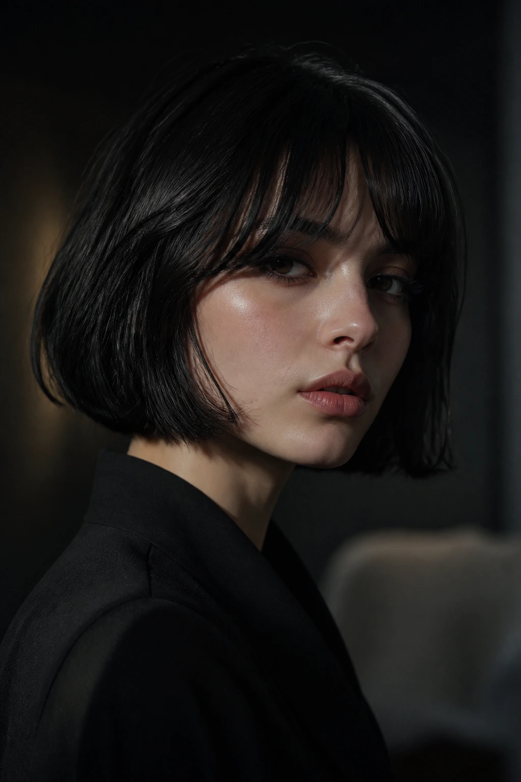 Close-up of curtain bangs on jaw-length bob in moody interior lighting