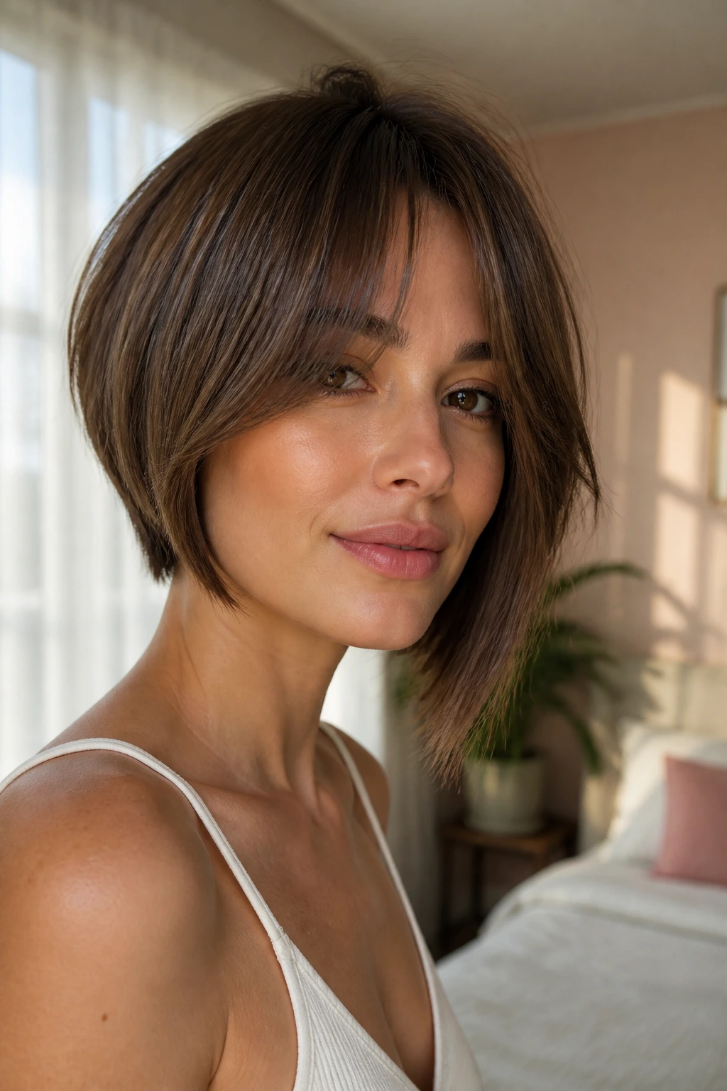 Portrait of a woman with curtain bangs integrated into an asymmetrical bob.
