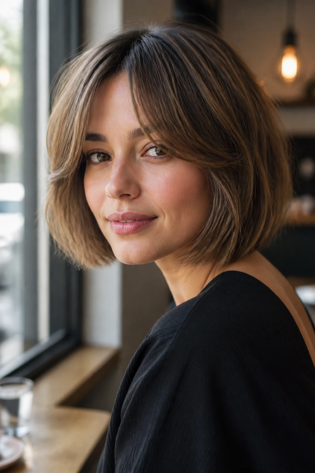 Close-up of real woman with curtain bangs and bob