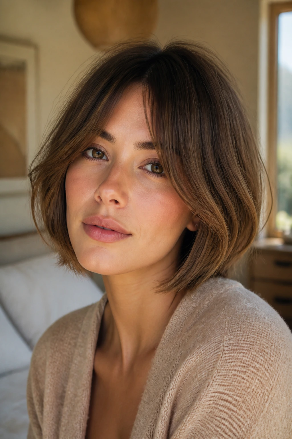 Close-up portrait of a real woman with a bob and curtain bangs in a cozy bedroom with natural light.