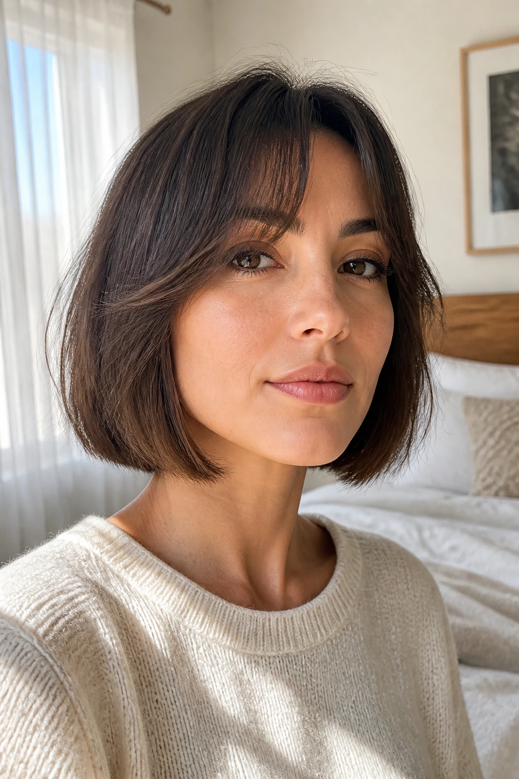 Portrait of a real person with curtain bangs in a bob cut