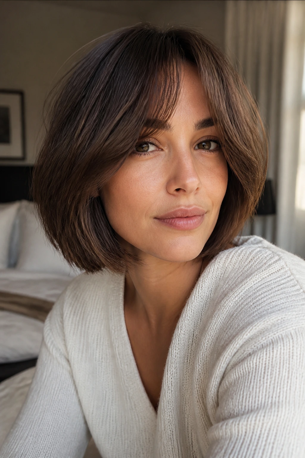 Close-up of a real woman with curtain bangs and soft face framing in a sunlit bedroom