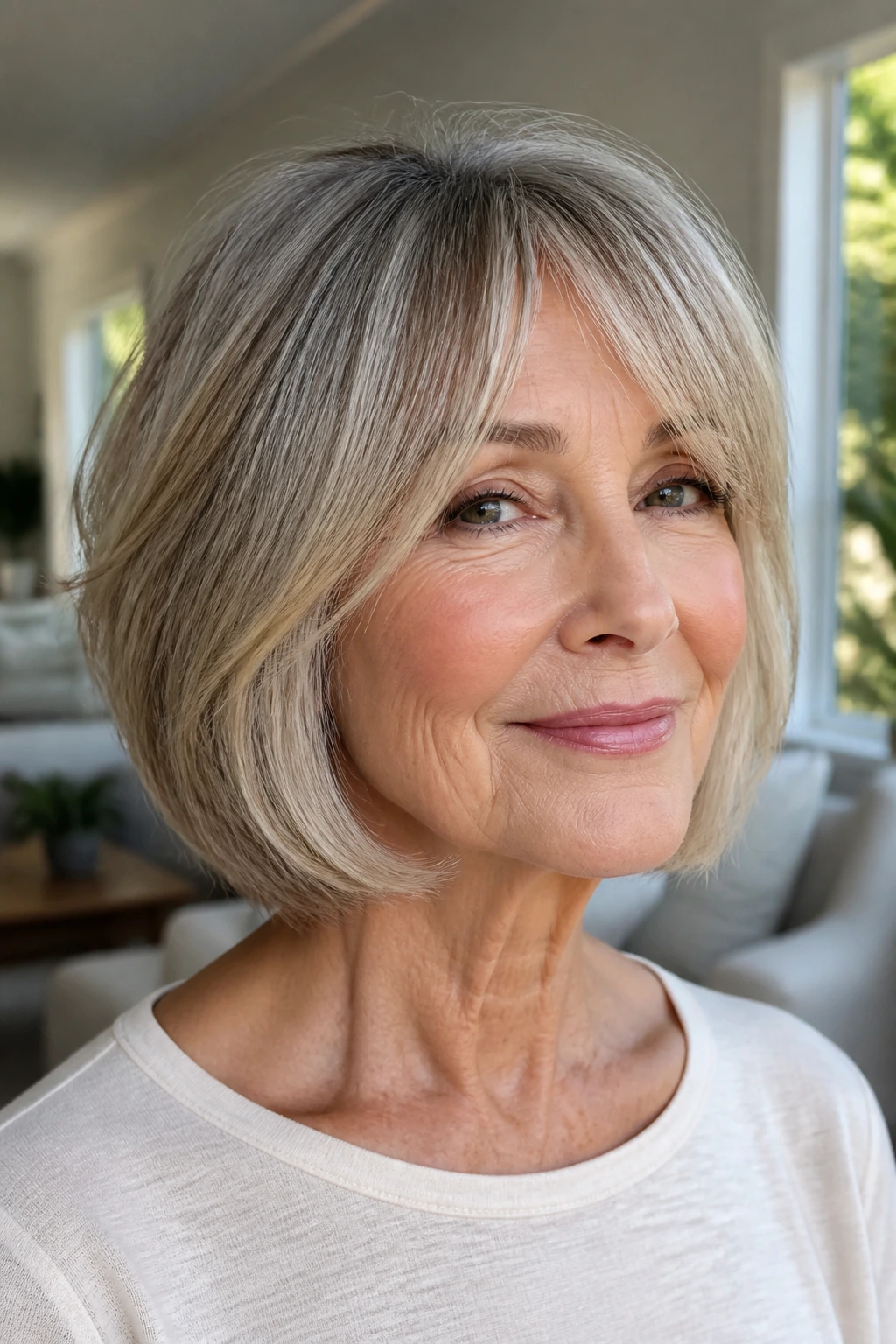 Close-up of a real woman with curtain bangs blending into a bob highlighting cheekbones