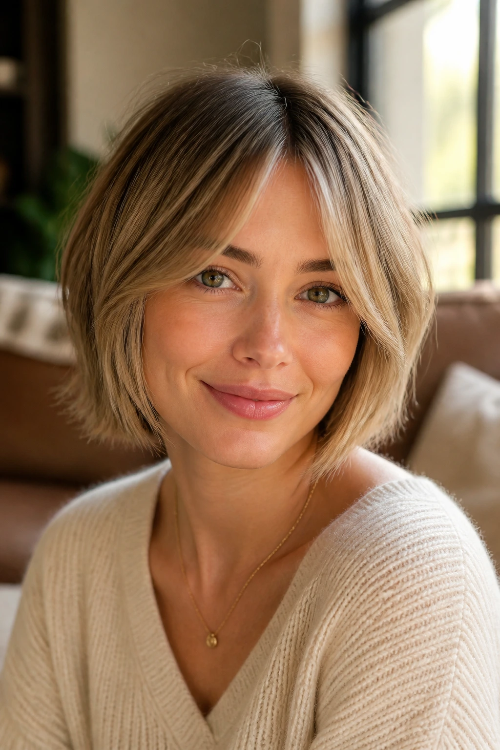 Close-up of a real woman with curtain bangs in a window-lit living room.