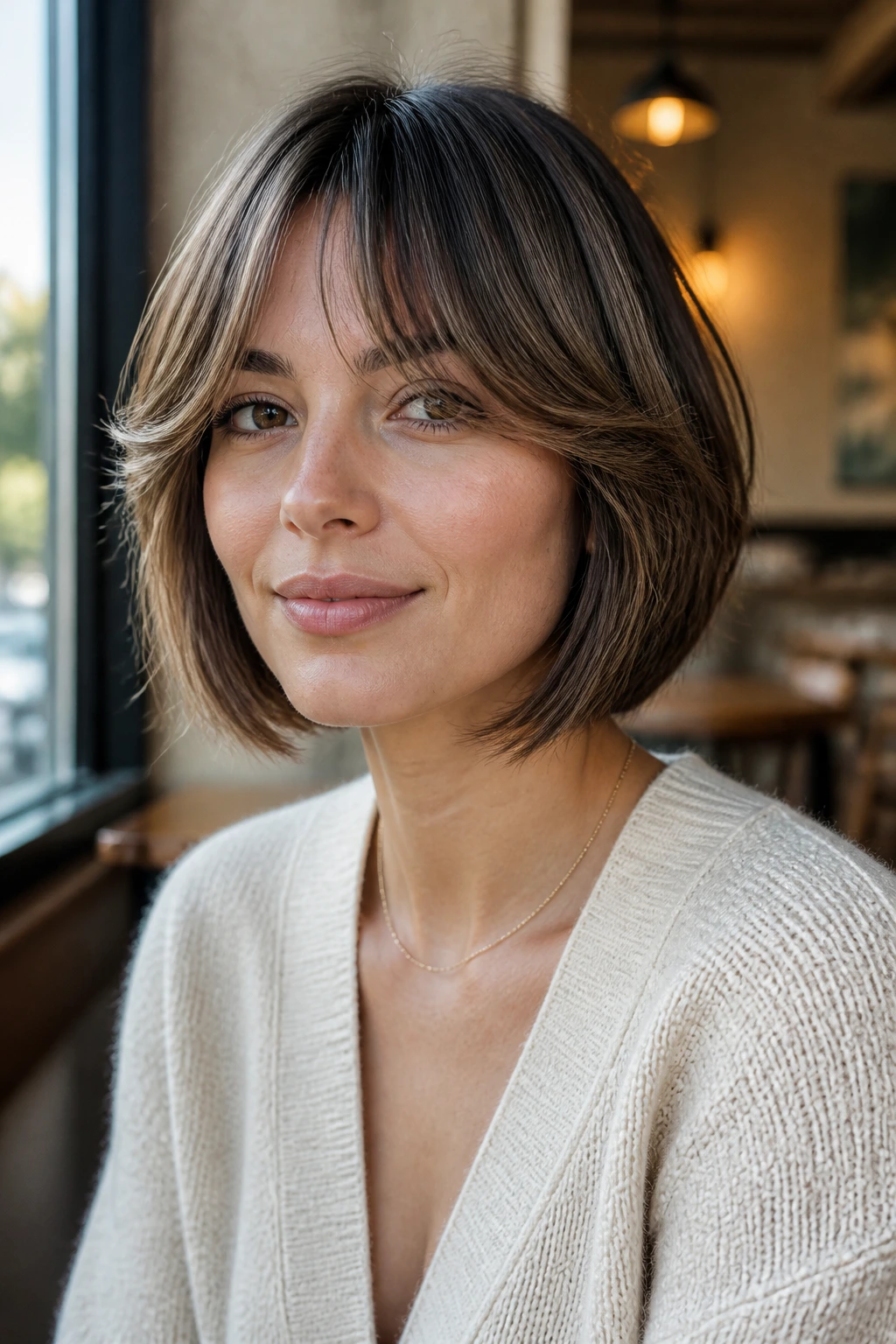 Portrait of real person with curtain bangs and jaw-skimming bob in natural light
