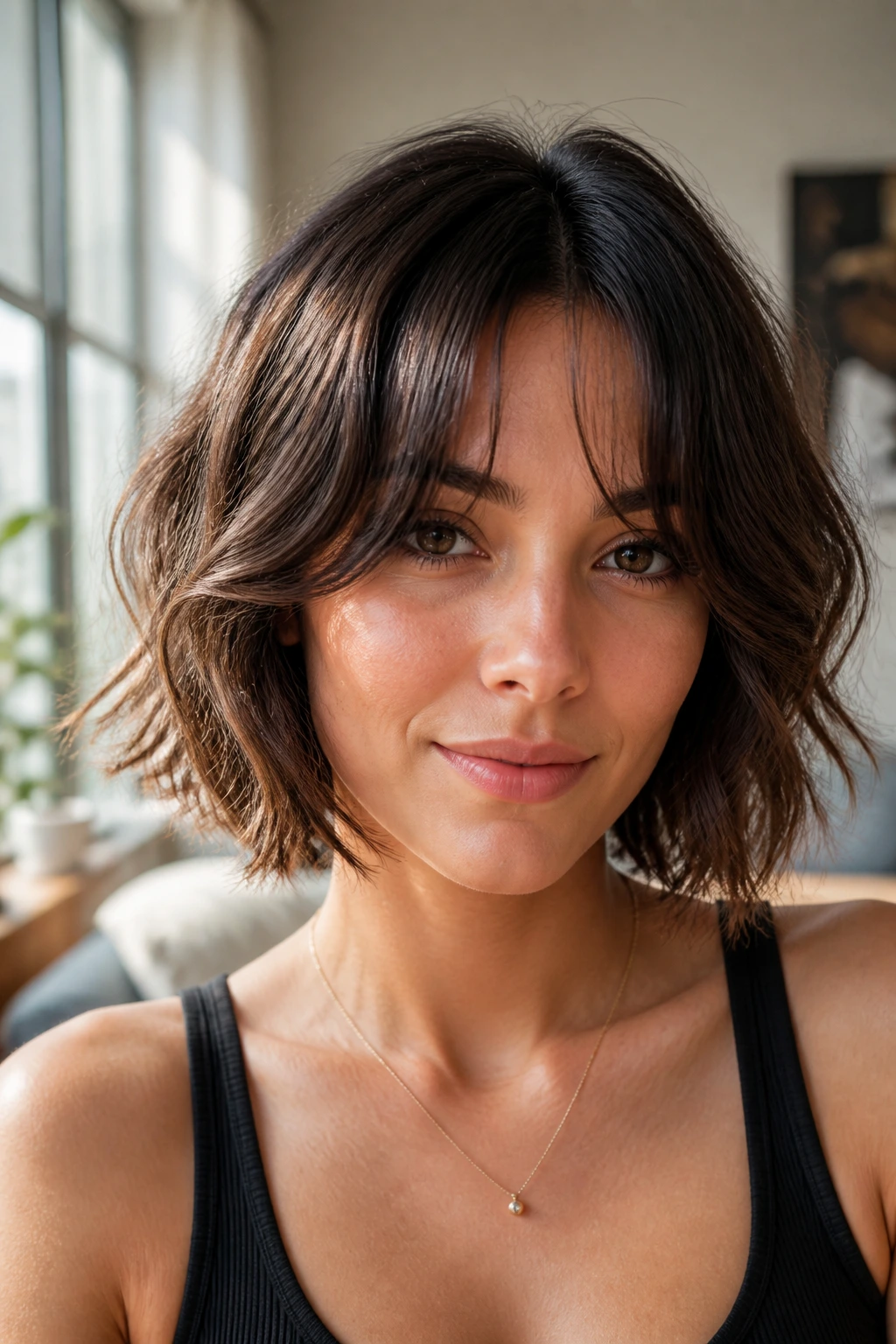 Portrait of a woman with curtain-bang bob and loose waves