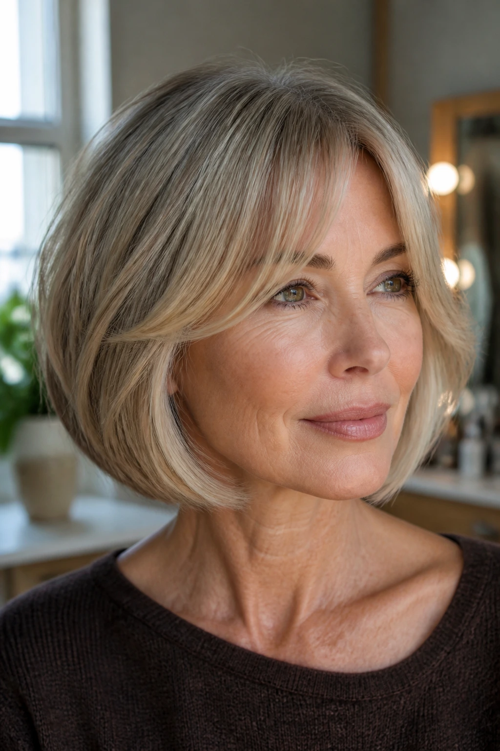 Real woman with bob and curtain bangs blending into hair