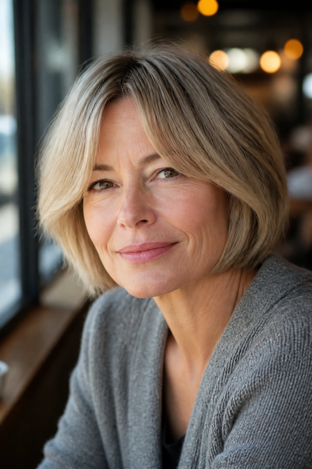 Portrait of a real woman with curtain bangs and a jaw-length bob