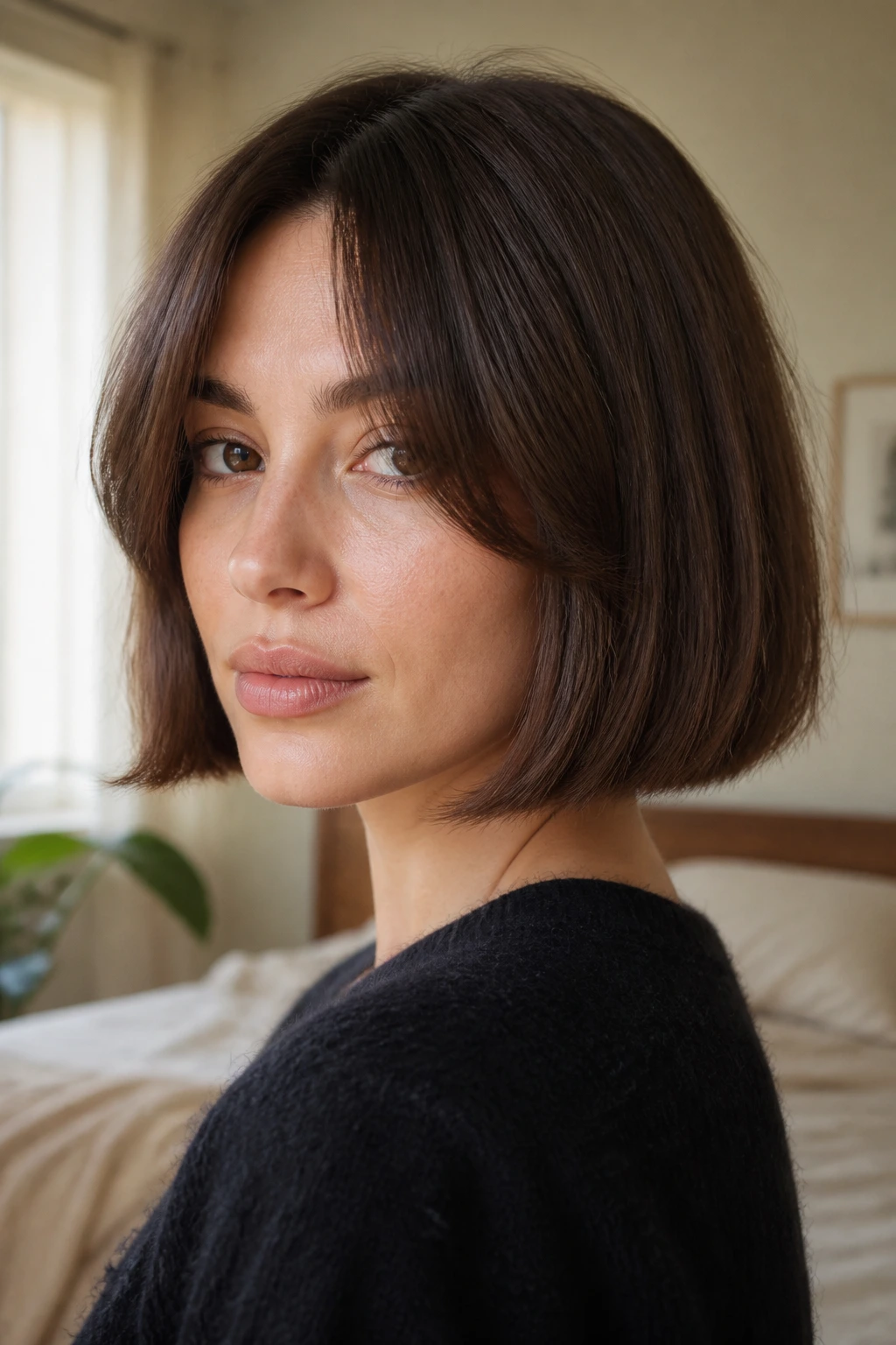 Close-up of a real woman with curtain bangs and blunt bob in warm window light