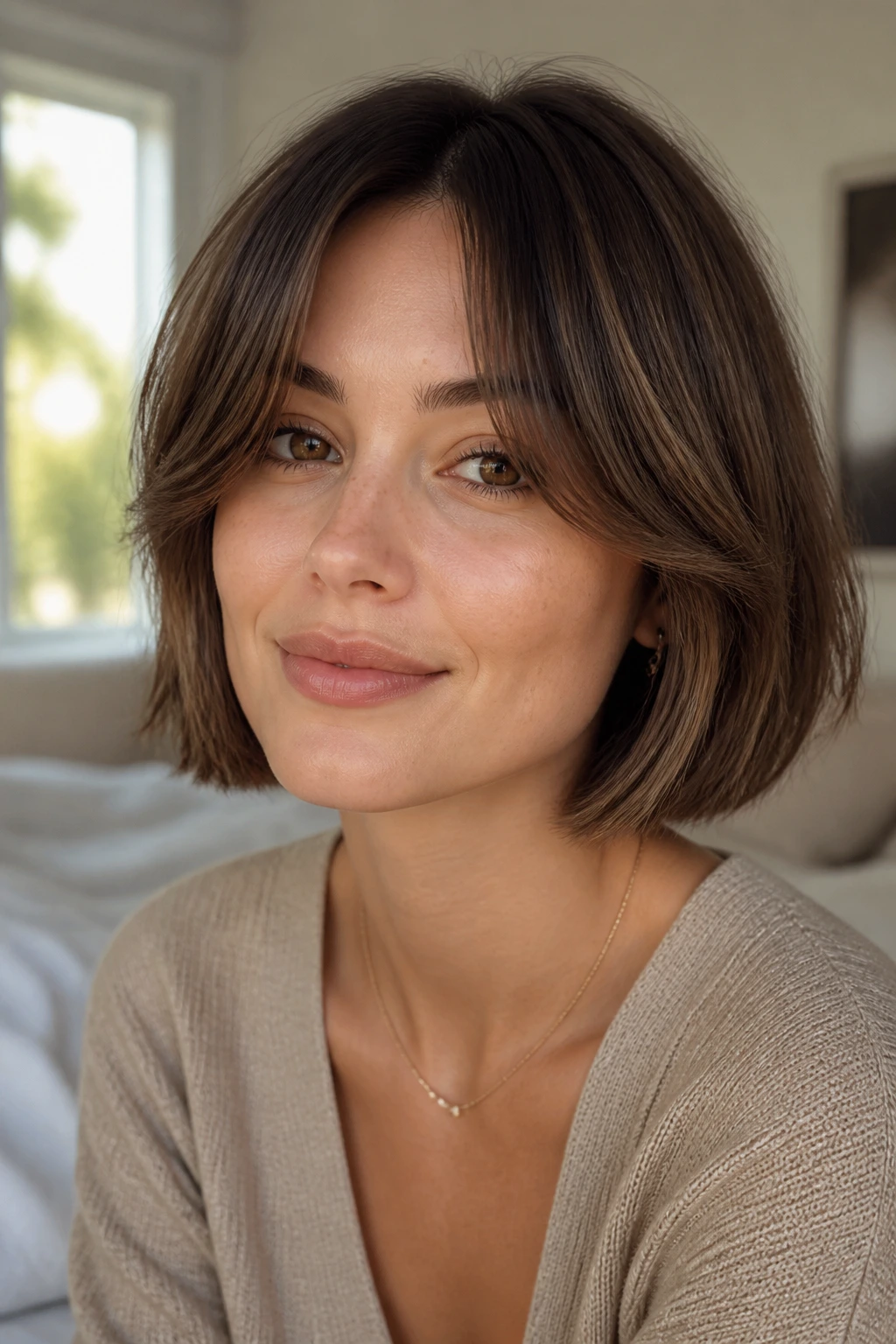 Close-up portrait of a woman with a curtain bang bob, soft center-split fringe framing the eyes