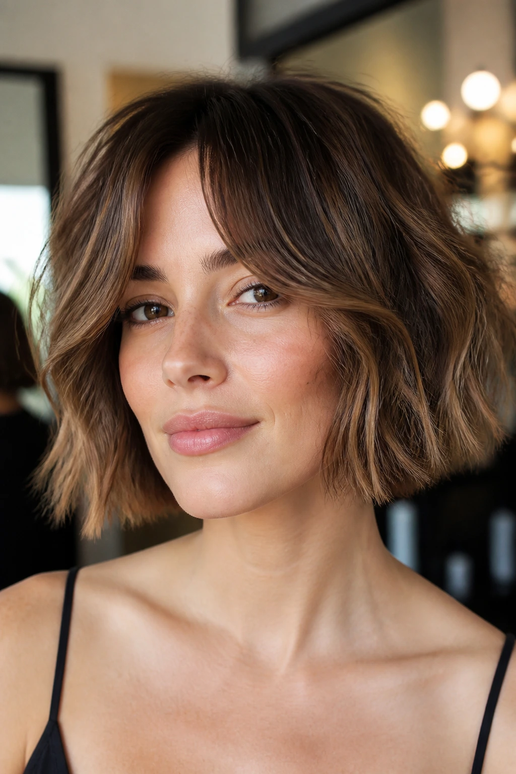 Portrait of a woman with chin-length bob and curtain bangs in a chic salon