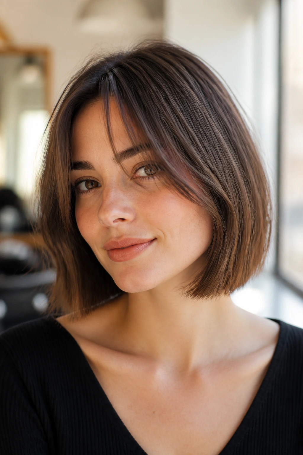 Close-up portrait of a woman with a bob and soft curtain bangs in warm salon light