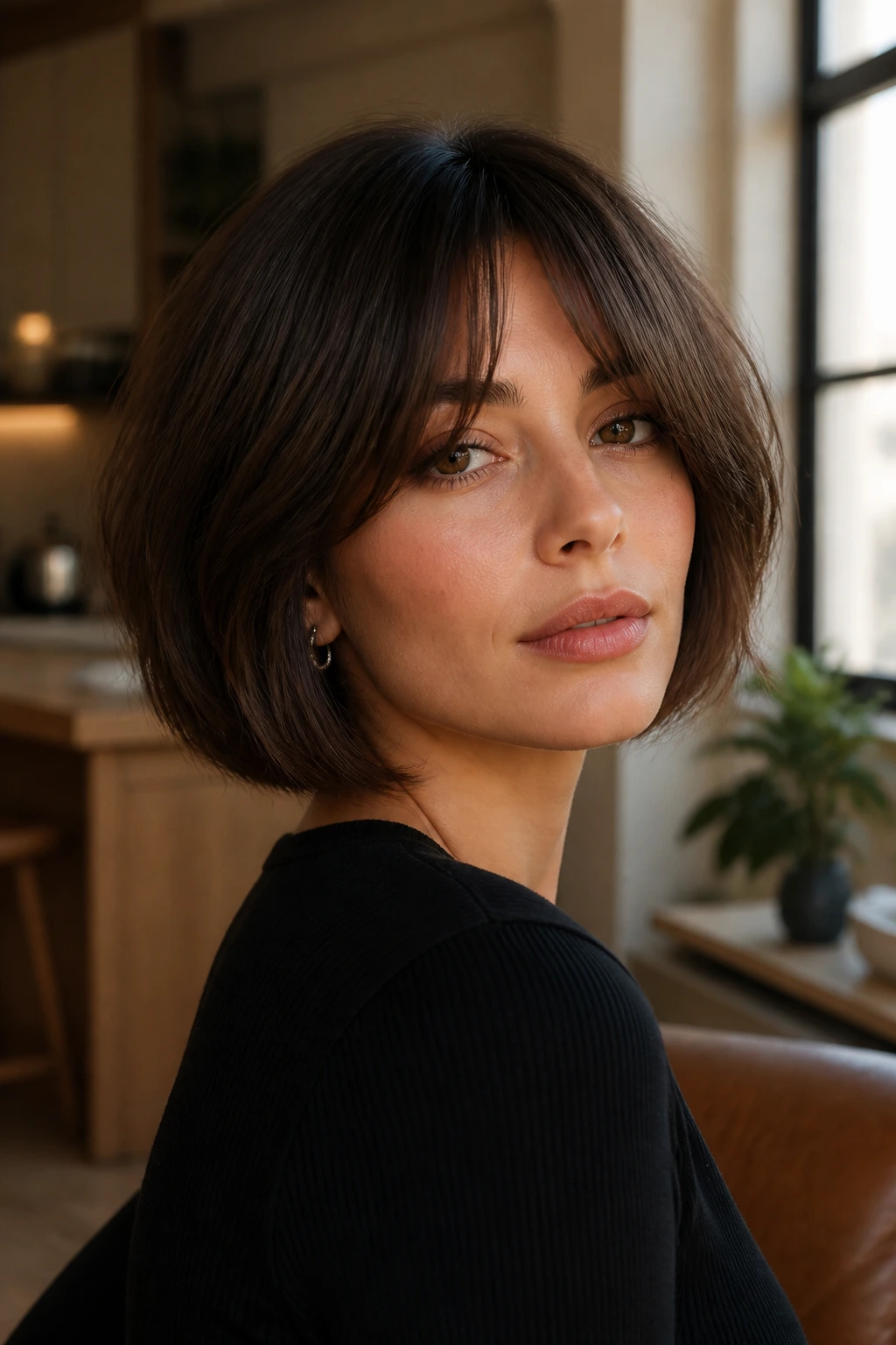 Portrait of a woman with angled bob and curtain bangs in a stylish apartment.
