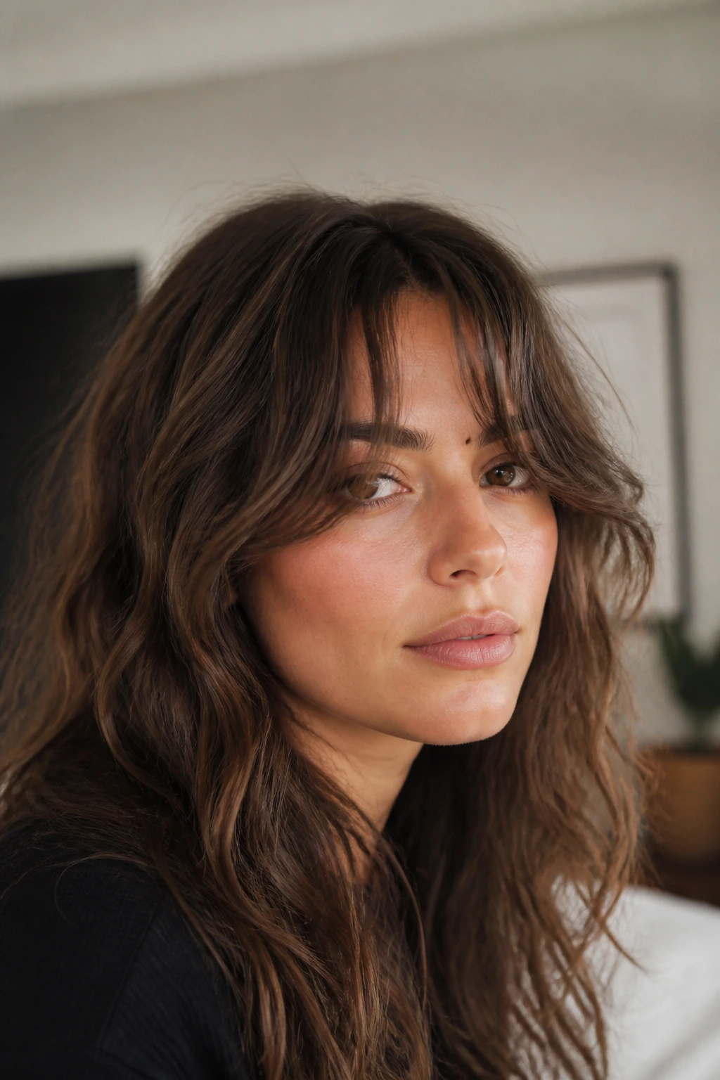 Close-up of curtain bangs with broken ends on a real woman